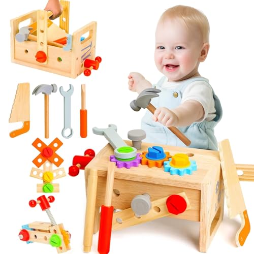 KATLKIU Lernspiele für Kinder- Werkzeugkiste aus Holz, Montessori Werkbank für Kinder - Kreatives und sicheres Spielzeug, perfektes Geschenk für Jungen und Mädchen 2 3 4 Jahre (24 Stück) von KATLKIU