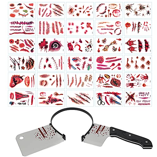 KATOOM 31TLG Halloween Messer im Kopf Blutige Haarreif mit 30pcs Halloween Zombie Scars Tattoo Grusel Zombie Accessoires Horror Kostüm Gruselkostüm von KATOOM