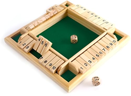 KAV Shut The Box Tisch-Brettspiel aus Holz für 2–4 Spieler mit 10 zahlseitigen Würfeln, perfektes traditionelles Solitär- und Puzzlespiel für Kinder und Erwachsene von KAV