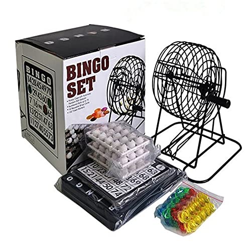 KAV Bingo-Spiel-Set mit 20,3 cm großem Metallkäfig, Kunststoff-Masterboard, 75 Stück Bälle, Karten und Bingo-Chips für klassische, traditionelle, Familienparty-Spiel – Schwarz von KAV