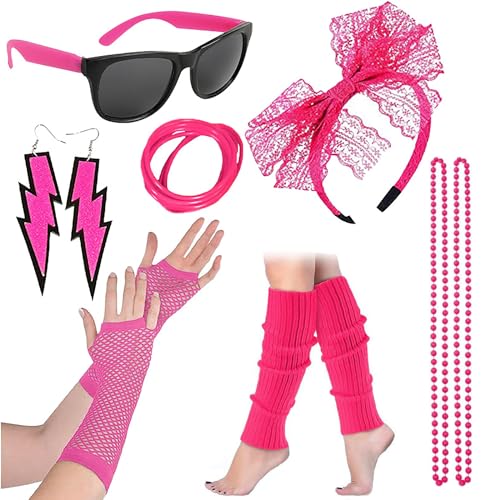 KAYEF 80er-Jahre-Kostümzubehör für Damen, 7 Piece 80's Costume Costume Accessory Set, Stirnband Ohrringe Halskette Mesh Handschuhe Beinwärmer für 80er Jahre Themenparty Karneval von KAYEF