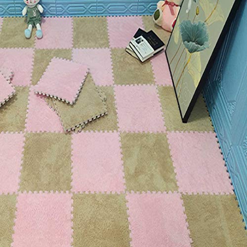 Plüsch-Puzzlematten, ineinandergreifende Schaumstoff-Spielmatte, geeignet für Spielbereich, Wohnzimmer, Schlafzimmer, Fitnessstudio – perfekte Heimdekoration, Hellbraun + rosa von KAYEF