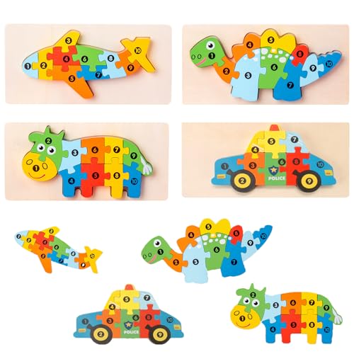 KAYSENSUK 4 Stück Holzpuzzle, für Kleinkinder von 3 Jahren, Montessori Spielzeug für Kinder ab 1-3 Jahren, Hölzerne Dinosaurier Puzzles für Kleinkinder, Geschenk für 2-4 jährige Jungen und Mädchen von KAYSENSUK