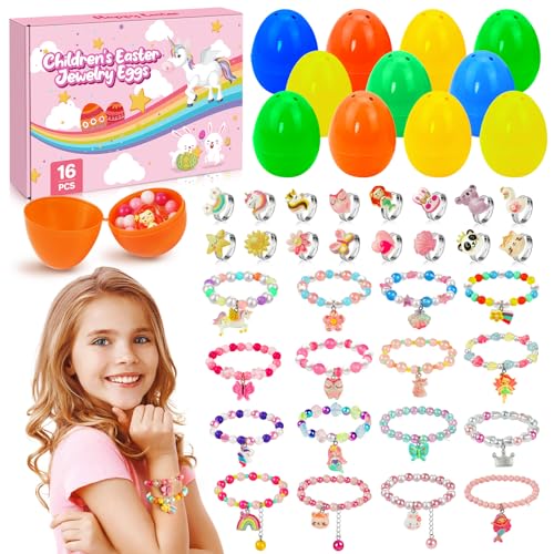 KAZATE Ostergeschenke Kinder Mädchen, 16 Stück Vorgefüllte Ostereier Schmuck ärmband Ring，Geschenke für Mädchen Ostern Plastik überraschungsei befüllen Charm Basteln Schmuckset 5 6 7 8 9 10 11 12 Jahr von KAZATE