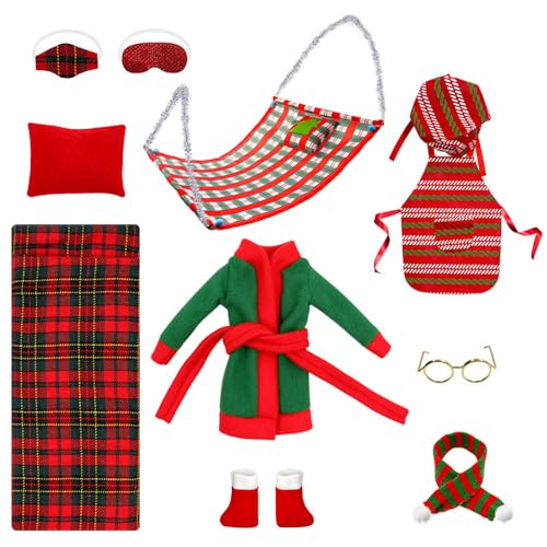 KBIBCK Weihnachten Elf Puppe Zubehör Set, 10 Stück Weihnachts Kleidung für Mini Puppen, Weihnachtselfen-Set, Weihnachten Puppe Kleidung Kostüm Zubehör, Elves Outfit, Puppe ist Nicht Enthalten von KBIBCK