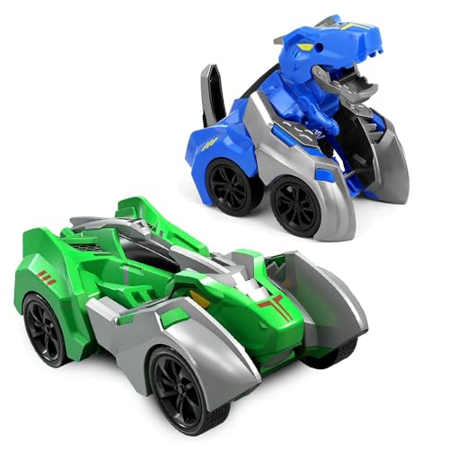 KBIBCK 2 Stück Dinosaurier Spielzeug Auto für Kinder, Rennauto Kollision Verwandeln Monster Truck, Transformierendes Dinosaurierauto, Dino Spielzeugauto für 3-7 Jahre Jungen Mädchen (Grün-Blau) von KBIBCK