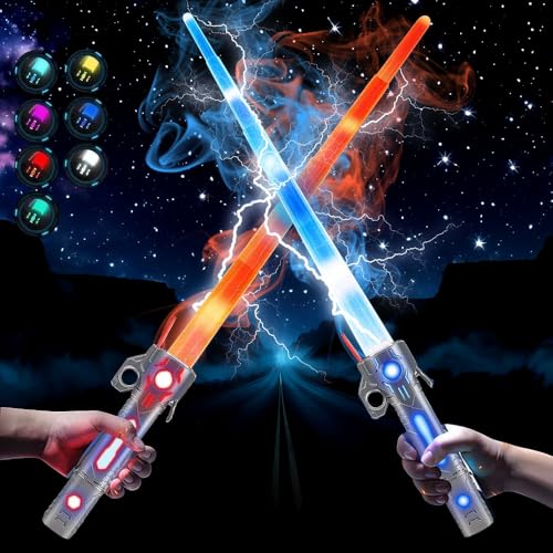 KBIBCK 2PCS Lichtschwert Kinder, 7 Farben Star Wars Lichtschwert mit Licht und Sound, 2 in 1 Retractable Lightsaber Spielzeug, Wiederaufladbare Lichtschwert für Kinder für Halloween Dress Up von KBIBCK