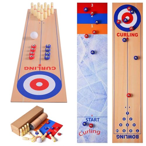 KBIBCK 3 in 1 Shuffleboard Bowling, Tragbares Shuffleboard, 32.13*7.09 Zoll Curling and Shuffleboard Table-Top Game, Tischkegelspiel Curling Spiel, Curling-Spiel Tabletop Tischspiel für Zuhause, Party von KBIBCK