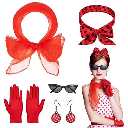 KBIBCK 5 Stück Rockabilly Accessoires Damen, 50er Jahre Accessoires Damen, 1950s Kostüm für Chiffon Schal Polka Dot,Stirnband,Handschuhe,Brillen,Ohrringe für Karneval Motoparty Retro Teily Party von KBIBCK