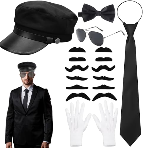 KBIBCK 6 STK Chauffeur Kostüm Zubehör, Chauffeur Costume Accessories Set, Taxifahrer Kostüm Zubehör, Schnurrbart Fliege schwarz krawatte weiße handschuhe, Zubehör für Cosplay-Mottoparty von KBIBCK