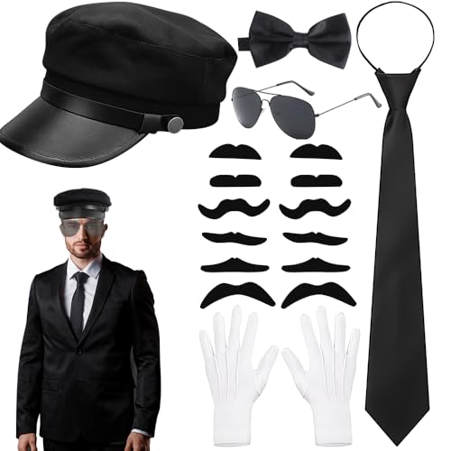 KBIBCK 6 STK Chauffeur Kostüm Zubehör, Chauffeur Costume Accessories Set, Taxifahrer Kostüm Zubehör, Schnurrbart Fliege schwarz krawatte weiße handschuhe, Zubehör für Cosplay-Mottoparty KBIBCK 6 STK Chauffeur Kostüm Zubehör, Chauffeur Costume Accessories Set, Taxifahrer Kostüm Zubehör, Schnurrbart Fliege schwarz krawatte weiße handschuhe, Zubehör für Cosplay-Mottoparty von KBIBCK