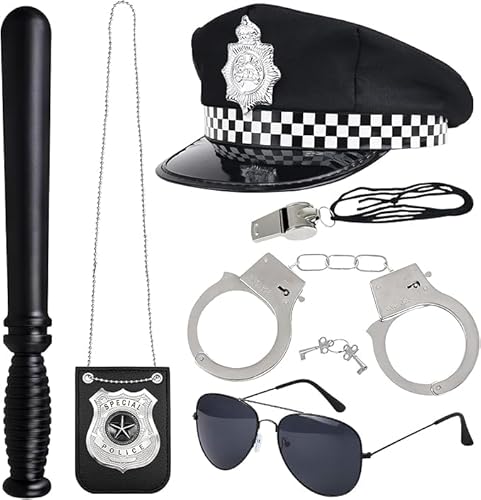 KBIBCK 6 Stück Polizei Zubehör Set, Handschellen Kinder Polizei Set, Kinder Polizei Zubehör mit Handschellen Abzeichen Sonnenbrille Schlagstock, Polizei Kostüm Zubehör für Cosplay Polizei Kinder von KBIBCK