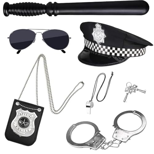 KBIBCK 6 Stück Polizei Zubehör Set, Handschellen Kinder Polizei Set, Kinder Polizei Zubehör mit Handschellen Abzeichen Sonnenbrille Schlagstock, Polizei Kostüm Zubehör für Cosplay Polizei Kinder von KBIBCK