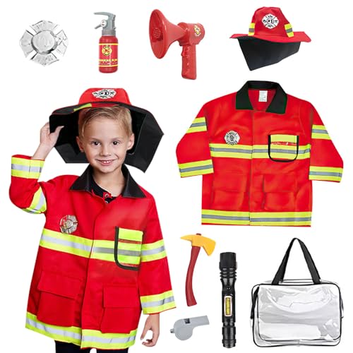 KBIBCK 9 teiliges Feuerwehrmann Kostüm, Feuerwehr Kostüm Kinder, Feuerwehr Kostüm Set, Kostüm Feuerwehrmann Kinder mit Feuerlöscher Axt Feuerwehrmann Spielzeug für Jungen Mädchen Karneval Halloween von KBIBCK