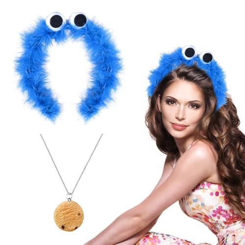 KBIBCK Krümelmonster Haarreif, Cookie Monster Haarreif mit Cookie Halskette, Krümelmonster Kostüm Damen Zubehör, Krümelmonster Kostüm Accessories, Kostüm Haarschmuck Accessoire für Karneval Cosplay von KBIBCK