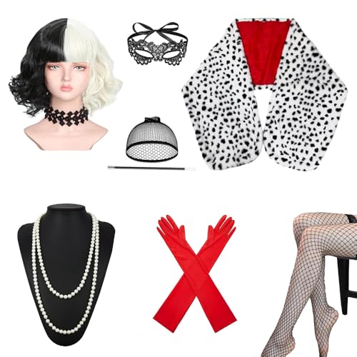 KBIBCK Cruella Kostüm Damen, 8 Stück Cruella Devil Kostüm Dame, Kurze Schwarze und Weiße Perücke, Rote Handschuhen, Spitze Maske, Holder, Halskette, Netzhose, Damen Set Cosplay Kostüm Party von KBIBCK