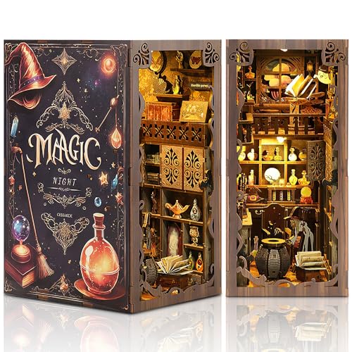 KBIBCK DIY Book Nook Kit, 3D Puzzle Holz Buchstütze mit LED Licht, DIY Miniatur Bücherregal Einsatz, Buch Ecke Miniatur Kit, Book Nook Magic für Erwachsene Teenager (Magische Nacht) von KBIBCK