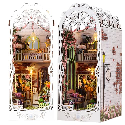 KBIBCK DIY Book Nook Kit, DIY Gartenhaus Miniatur, 3D Puzzle Buchstützen aus Holz, DIY Miniatur Haus mit LED Leuchten und Möbeln, Puppenhäuser Miniatur Haus Kit Modellbausätze für Erwachsene zum Bauen von KBIBCK