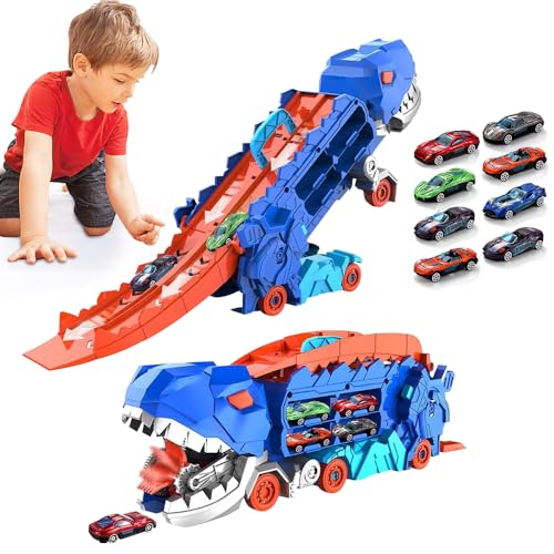 KBIBCK Dinosaurier Transport Truck, 2 in 1 Kinder Autotransporter LKW Spielzeug, Tragbares Rennbahn Spielzeugauto mit 8 Race Cars für Kinder Jungen 3-5 Jahre alt von KBIBCK