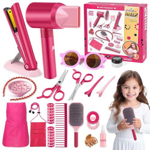 KBIBCK Friseur Set Kinder,22Stück Friseur Set für Mädchen,frisör Spielzeug Kinder,Mädchen Spielzeug mit Haartrockner Friseurkoffer Schminkset Spielzeug Geschenk für Mädchen ab 3 4 5 6 7 8 Jahre von KBIBCK