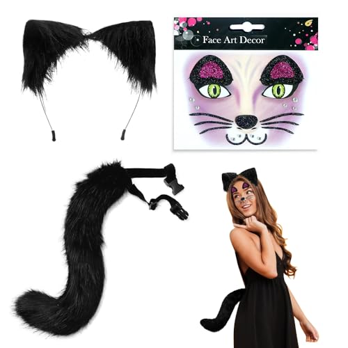 KBIBCK Katzenkostüm Kinder Erwachsene, 3 Stück Katzenkostüm Damen Set, Katzen Kostüm Katzenohren Haarreif, Katzenschwanz, Katze Gesicht Tattoos Aufkleber für Karneval, Halloween, Katze Cosplay von KBIBCK