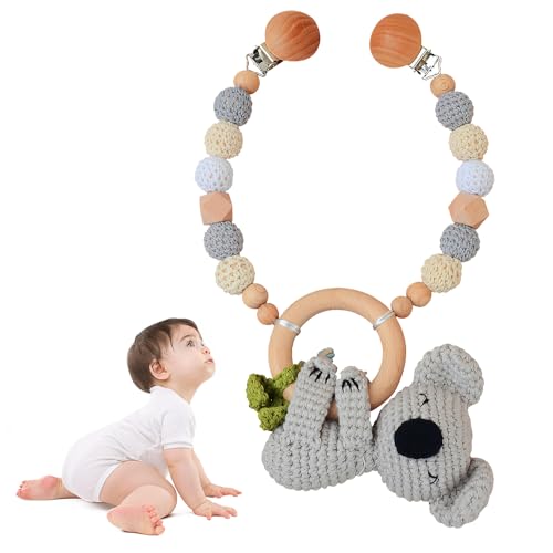 KBIBCK Kinderwagenkette Holz Baby, Kinderwagen Kette für Babys, Kinderwagenkette aus Holz und Baumwolle gehäkelt, Montessori Neugeborenen Spielzeug Baby Kinderwagenspielzeug für Babyschale (Koala) von KBIBCK