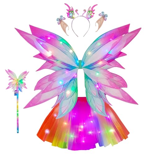 KBIBCK Schmetterlingsflügel Kinder, 5 Stück Feenflügel Leuchtend Set, Schmetterling mit Zauberstab, Tutu Tüllrock, Stirnband, Elfenohren, Schmetterlingsflügel LED, Geeignet für Mädchen Cosplay Party von KBIBCK