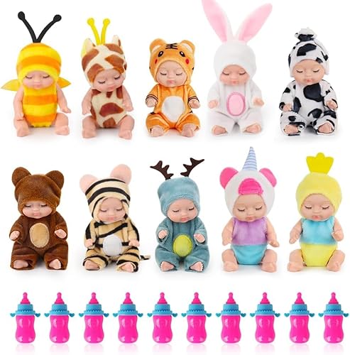 KBIBCK Mini Babypuppen,10 Stück Mini Reborn Puppen, Mini-Babypuppe mit Kleidung,4 Zoll Reborn Baby Dolls Newborn, Babypuppen Zubehör Set,Mini Schlafende Wiedergeburt Puppen für Kinder von KBIBCK