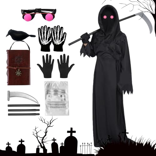 KBIBCK Schwarzes Sensenmann-Kostüm, 7-teilig, Halloween-Skelett-Kostüm mit schwarzer Krähe, Totenkopf-Handschuhe, Cosplay-Zubehör, Partyzubehör für Jugendliche KBIBCK Schwarzes Sensenmann-Kostüm, 7-teilig, Halloween-Skelett-Kostüm mit schwarzer Krähe, Totenkopf-Handschuhe, Cosplay-Zubehör, Partyzubehör für Jugendliche von KBIBCK