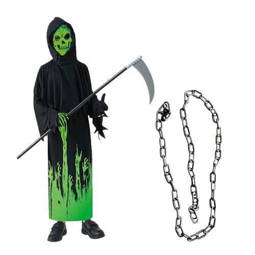 KBIBCK Sensenmann Kostüm Kinder mit Sense & Taillenkette,Deluxe Glow in The Dark Halloween Kostüm Jungen Sensenmann Gruselig Grim Reaper Costume für Halloween Karneval Fancy Dress(M,120-130cm) von KBIBCK