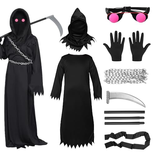 KBIBCK Sensenmann-Kostüm für Erwachsene, Kinder und Männer, 7-teiliges Halloween-Set mit Brille, Sense, Kettengürtel KBIBCK Sensenmann-Kostüm für Erwachsene, Kinder und Männer, 7-teiliges Halloween-Set mit Brille, Sense, Kettengürtel von KBIBCK