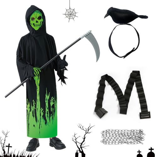KBIBCK Sensenmann-Kostüm für Kinder, leuchtet im Dunkeln, Sensenmann-Kostüm für Jungen, Halloween-Kinder-Kostüm-Set mit Sense, Krähe, Gürtel, 1,5 m Kette, gruselige Halloween-Kostüme für Kinder KBIBCK Sensenmann-Kostüm für Kinder, leuchtet im Dunkeln, Sensenmann-Kostüm für Jungen, Halloween-Kinder-Kostüm-Set mit Sense, Krähe, Gürtel, 1,5 m Kette, gruselige Halloween-Kostüme für Kinder von KBIBCK