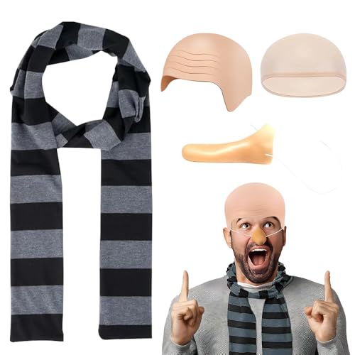 KBIBCK 4 Stück Karneval Kostüm Zubehör Set für Cosplay, Glatzenkappe, Falscher Nase, Schwarz-Grau Gestreifter Schal für Halloween, Rollenspiele, Partyzubehör Weihnachten KBIBCK 4 Stück Karneval Kostüm Zubehör Set für Cosplay, Glatzenkappe, Falscher Nase, Schwarz-Grau Gestreifter Schal für Halloween, Rollenspiele, Partyzubehör Weihnachten von KBIBCK