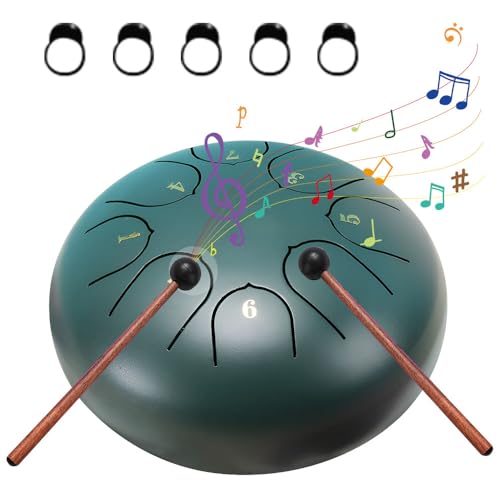 KBIBCK Stahlzungentrommel, Regentrommel, Handpan Drum 8 Noten 6 Zoll, Kinder Musik Hand Pan mit Drumsticks, Tasche, Fingerabdeckung, für Musikerziehung, Klangheilung, Meditation, Yoga-Grün von KBIBCK