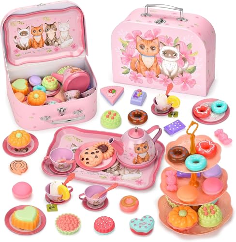 KBIBCK Teeservice Kinder, 50 teiliges Prinzessin Spielen Tee Set, Spielküche Zubehör, Teeservice Kinder schneeprinzessin Spielzeug für kleine, mit Dessert Rollenspiele für 3 4 5 6 7 Kinder Mädchen von KBIBCK