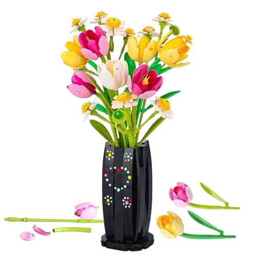 KBIBCK Tulpen Bausteine Blumen Set, Tulpen Blumenstrauß Bausteine Set mit Vase, Künstliche Blumen Bausatz für Erwachsene, DIY Botanik-Kollektion Hausdeko Geschenke für Frauen, Mädchen von KBIBCK