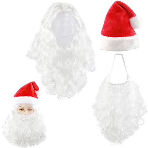 KBIBCK 3 in 1 Weihnachtsmann Bartm, Perücke Nikolaus Santa Claus Bart Perücke, Weihnachtsmütze, Santa Claus Perücke und Bart Set, Weihnachtsverkleiden, Rollenspiele, Weihnachtsfeier von KBIBCK