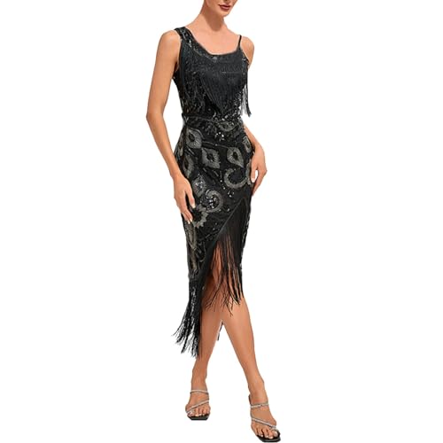 KBOPLEMQ Charleston Kostüm Damen 1920s Flapper Gatsby Kleid Frauen Abendkleid Cocktail Party Kostüm Vintage Kleid Gatsby Pailletten Quasten Saum Cocktail Flapper Abschlussballkleid von KBOPLEMQ