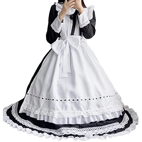 KBOPLEMQ French Maid Dress Cosplay Anime Maid Outfit Halloween Kostüm Mittelalter Kleid Damen Langarm Dienerin Kostüm Niedliche Dienerin Kostüm Rollenspiel Kostüm Kleid Set S-XXL von KBOPLEMQ