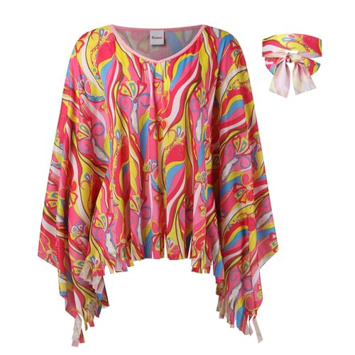 KBOPLEMQ Karneval Hippie Kostüm Damen: Hippie Poncho Damen Set mit 60er 70er Jahre Hippie Zubehör Karneval Faschingskostüme Flower Power Kleidung Damen Boho Flower Disco Outfit von KBOPLEMQ