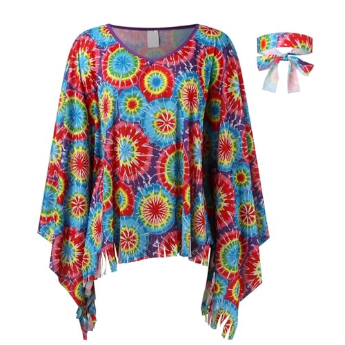 KBOPLEMQ Karneval Hippie Kostüm Damen: Hippie Poncho Damen Set mit 60er 70er Jahre Hippie Zubehör Karneval Faschingskostüme Flower Power Kleidung Damen Boho Flower Disco Outfit von KBOPLEMQ