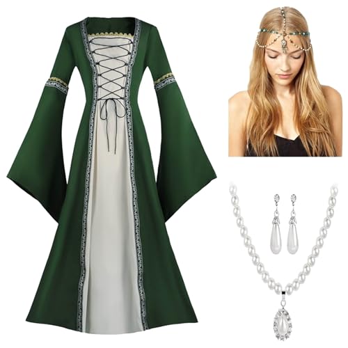 KBOPLEMQ Mittelalter Kleid Damen Renaissance Retro Partykleid Mittelalter Kostüme Gothic Kleider Halloween Karneval Kostüm Vintage Maxikleid Set mit Kopfbedeckung + Halskette + Ohrringe von KBOPLEMQ