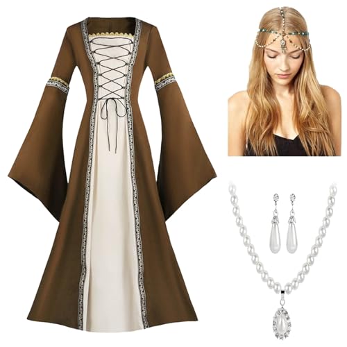 KBOPLEMQ Mittelalter Kleid Damen Renaissance Retro Partykleid Mittelalter Kostüme Gothic Kleider Halloween Karneval Kostüm Vintage Maxikleid Set mit Kopfbedeckung + Halskette + Ohrringe von KBOPLEMQ