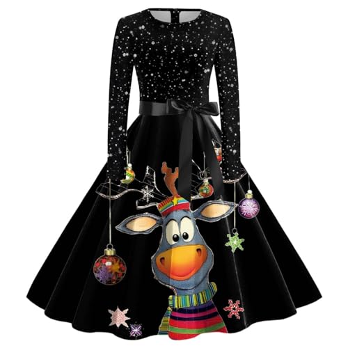 KBOPLEMQ Weihnachten Kleid Damen Langarm Rockabilly Weihnachtskleidung Festlich Lustig Weihnachtskleider Weihnachtsfrau Kostüm Party Damenkleidung Festliches Stil Damenkleider Rotes Outfit von KBOPLEMQ