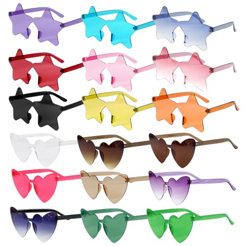 KBRAKSI 18 Stück Party Brille 9PCS Herz Sonnenbrille + 9PCS Rahmenlose Pentagramm Brille Hippie Brille Lustige Brille Partybrillen für Foto Requisiten Geburtstagsfeier für Kinder und Erwachsene von KBRAKSI