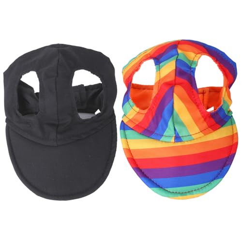 KDAMGOQE 2 PCs Hundehund Hund Schwarz und Regenbogen Baseball Cap Sun Protection Hundehüte mit Ohrlöchern und Haken-Schleifen-Klebeband-Accessoires für Reisen Aktivitäten m Hund Baseball Cap von KDAMGOQE