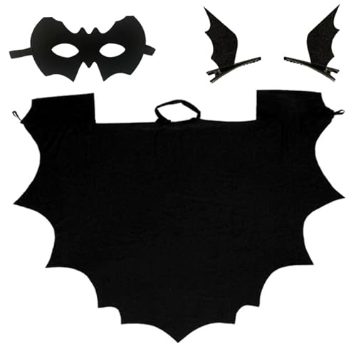 Black Cape 4PCS Halloween Kostüme Fledermauskostüm Kinder umfassen schwarze Umhang, Fledermaus -Augenmaske, Fledermaus Haare Unisex Vampire Fledermaus Kostüm Halloween Accessoires für Kinder Kleinkin von KDAMGOQE