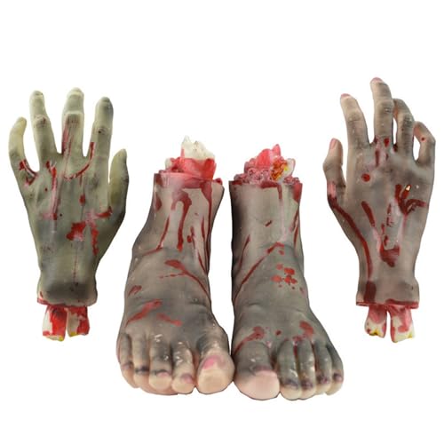 Gefälschte Körperteile abgetrennte Körperteile 4pcs/Set Bloody abgehackt gefälschte Körperteile umfassen 2 Hände & 2 Fuß realistische gruselige Halloween -Körperteile für Spukhaus, Streich, Party von KDAMGOQE