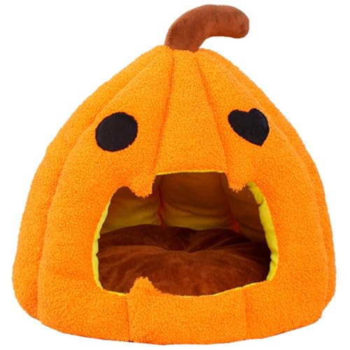 Halloween Cat House Kürbiskatze Bett mit abnehmbarem waschbarem Kissen Nicht-Schlupf-Boden 16 Halloween Katzenbett Orange Handheld warmes und weiches Kätzchenbett für Innen- und Außenkatzen im Freien von KDAMGOQE