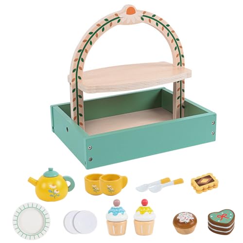 Holztee -Set für Kleinkinder Kinder Tee Set 14pcs/Set Holztee Set für Kleinkinder mit Dessert -Rack und Kuchen Food Nachmittag Tee Spielzeugspiel Kitchen -Tee -Party -Set für Kinder Geschenke Dessert von KDAMGOQE